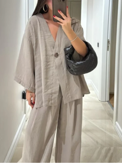 Serenne Summer Set - Casual Pleated Trousers, Single Breasted Top With Deep V Neckline