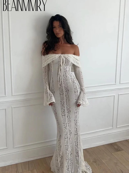 Serenne Lace Dress - Flare Sleeve, Off Shoulder, Sexy, Floor Length, Elegant Robe