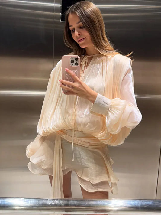 Summer Serenne Dress - Short, High-Waisted, Puff Sleeve, Elegant, Casual