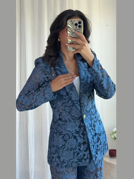 Serenne Set - Chic and Elegant Blue Lace Blazer