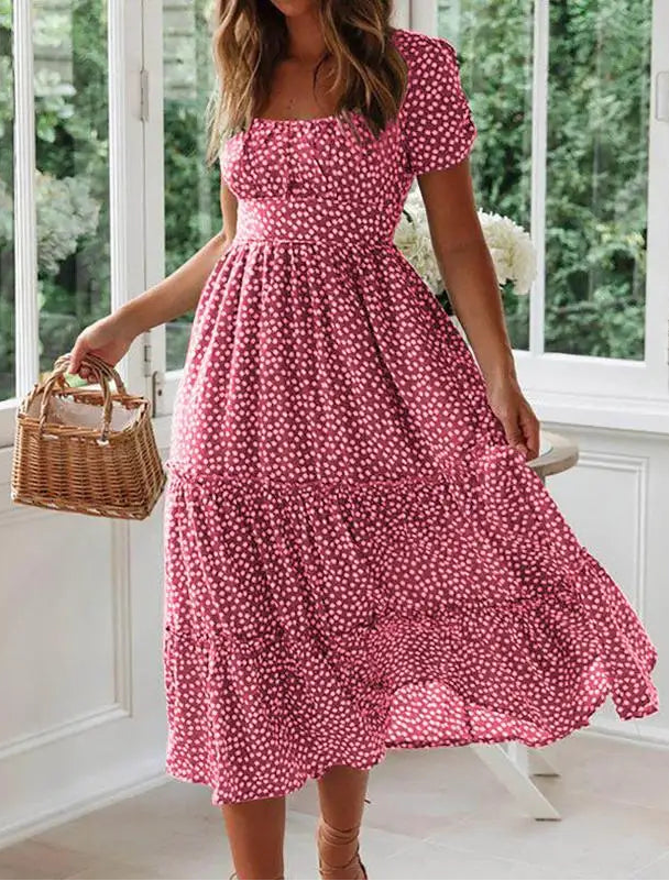 High-Waisted Floral Dress With Square Neckline