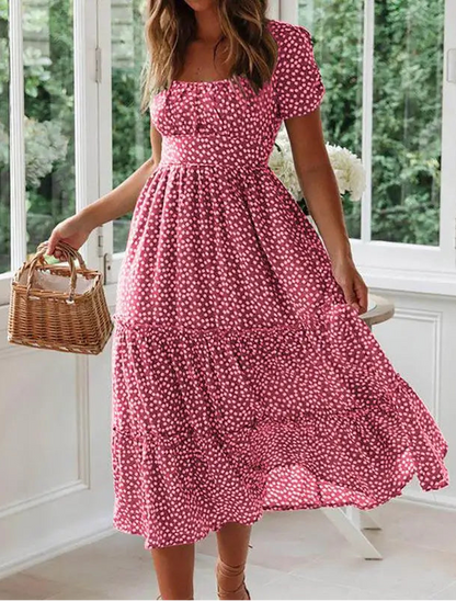 High-Waisted Floral Dress With Square Neckline